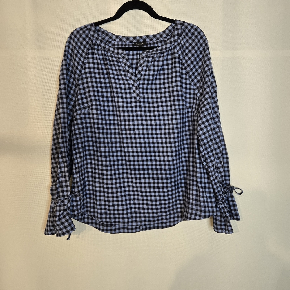TALBOTS Women's Size L Blue Checkered L/Sl Peasant Tie Sleeve Shirt
